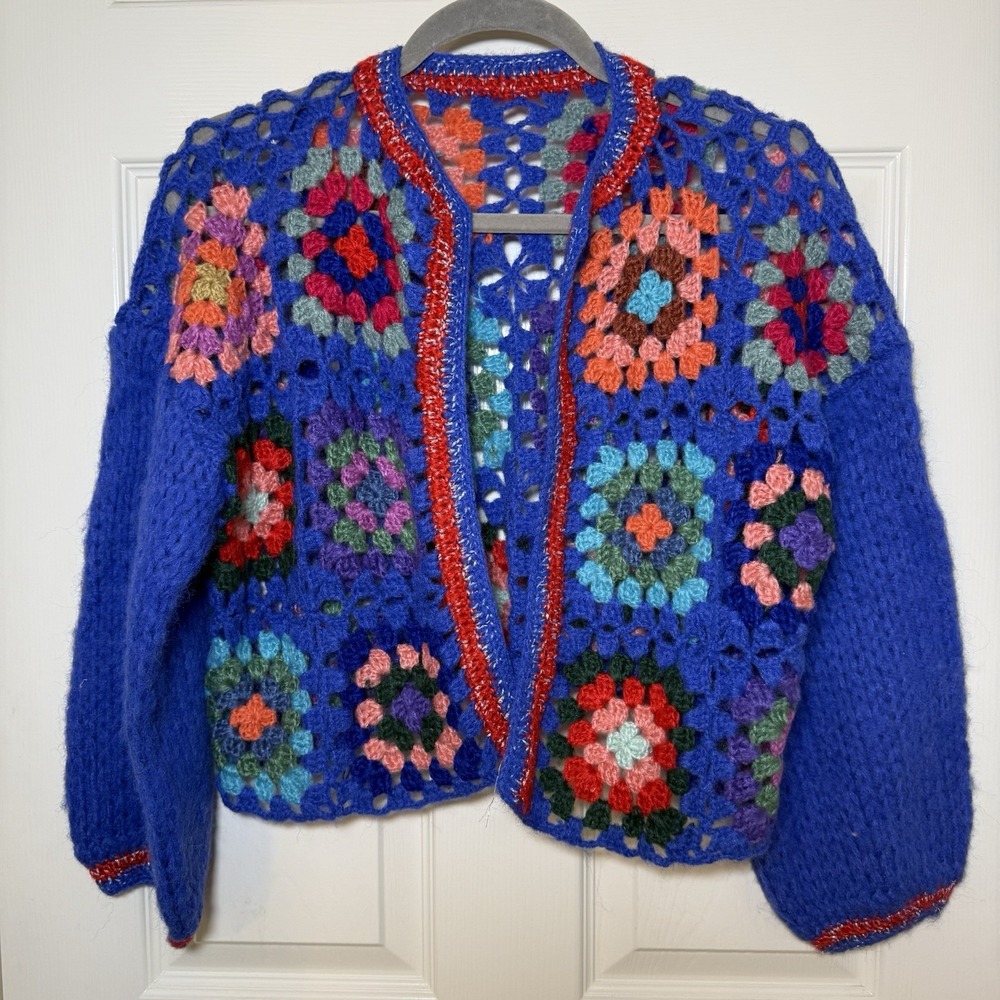 Women's Cardigan Crochet Square Handmade Knitted Crop Sweater Retro Boho L